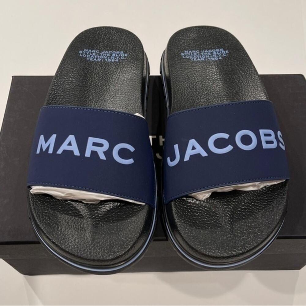 Marc Jacobs The Slide Sandals Navy Blue Logo Women Size US 5 EU 35 Comfy NEW‎ - Picture 8 of 16